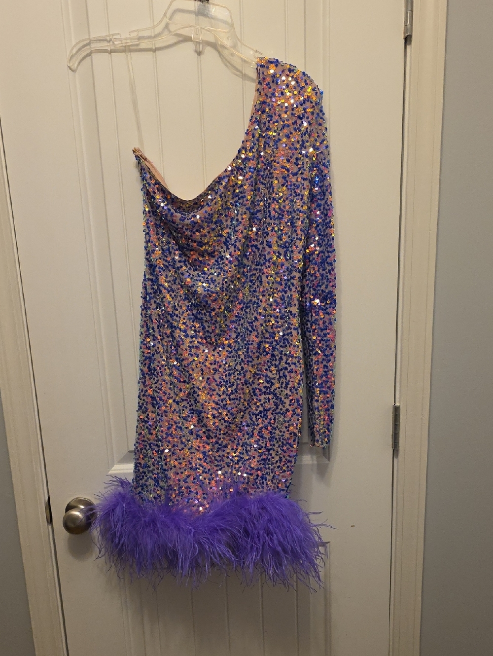 Fashion Nova One-Shoulder Sequin Mini Dress with Purple Feather Hem